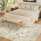 DUKINO 9x12 Rug, Washable Animal Living Room Rug with Non Slip Vintage Design, Soft Low Pile Large Carpet for Bedroom, Nursery, Dining Room, Farmhouse, Playroom, White