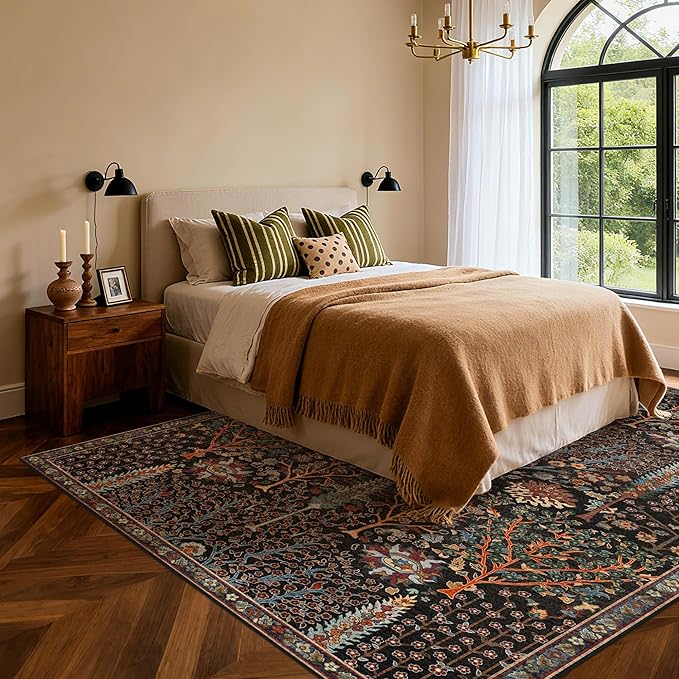 Kokia Boho Vintage Floral Area Rugs, Washable Oriental Botanical Rugs for Living Room, Bedroom, Dining Room, Office, Large Soft Indoor Area Rug, Wild Black，9x12
