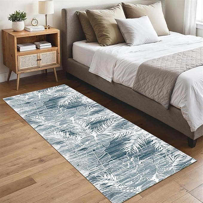 Blue White Tropical Runner Rug 2x6ft - Indoor Outdoor Non-Shedding Washable Carpet, Soft Durable Floor Mat for Patio, Hallway, Kitchen, Living Room