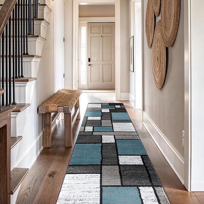 Rugshop Contemporary Modern Boxes for Home Office,Living Room,Bedroom,Kitchen Non Shedding Runner Rug 2'7" x 12' Blue