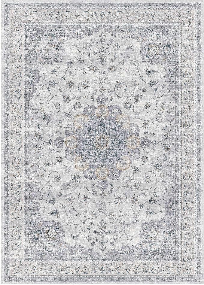 HUGEAR Machine Washable Area Rugs 5x7 Vintage Blue Living Room Bedroom Rug Neutral Style Non Slip Stain Resistant Low Pile Throw Carpet for Home Retro Aesthetic Modern Decor
