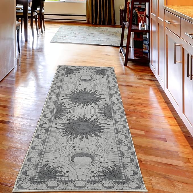 Ambesonne Sun and Moon Decorative Rug, Bohemian Artwork Design of Crescent Solar Ornament Esoteric Stars Ornaments, Quality Carpet for Bedroom Dorm and Living Room, 2' 5" x 7' 5", Dimgray