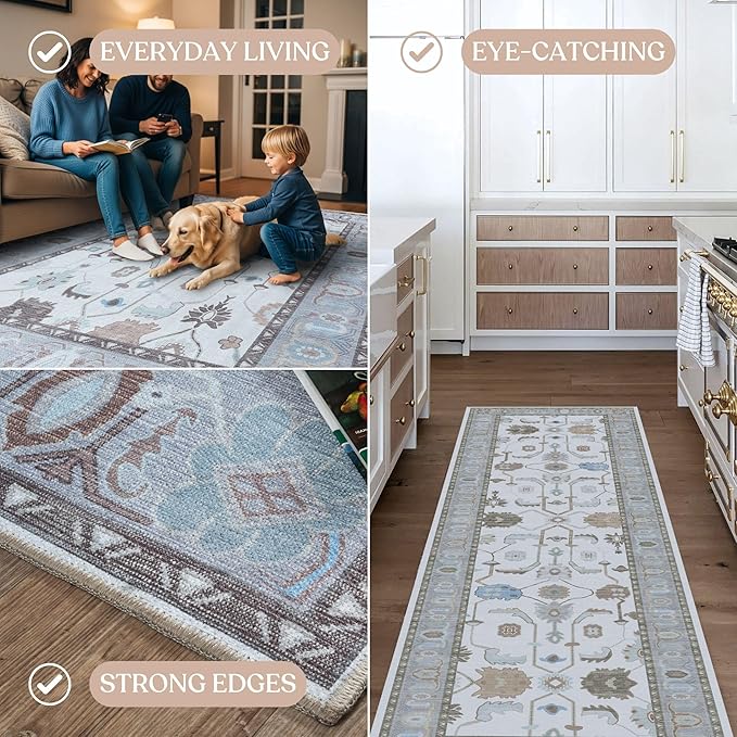 Fame Living Cream Grey Oushak Rug, Modern Rugs, Vintage, Turkish, Eclectic, Floral, Pastel, Washable, Small Throw, Accent Area Rug for Living Room, Bedroom, Kitchen, Bathroom, 2'5"x4'9