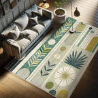 Ambesonne Mid Century Modern Decorative Rug, Abstract Circles Leaves and Stripes in Nature Color Palette, Quality Carpet for Bedroom Dorm and Living Room, 2' 2" x 3' 7", Fawn Teal Pale Green