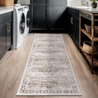 Boho Bathroom Rug 2x5 Runner, Neutral Farmhouse Kitchen Rugs, Small Throw Runners for Laundry Room Bedroom, Vintage Floral Décor, Non-Slip Low-Pile Washable Stain Resistant Beige Latte