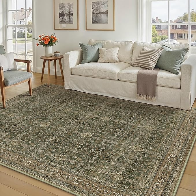 Entryway Area Rug 3x5 Green Brown Vintage Washable Office Carpet Traditional Distressed Indoor Entry Soft Non Slip Small Door Mat Retro Low Pile Thin Rug for Kitchen Laundry Bedroom