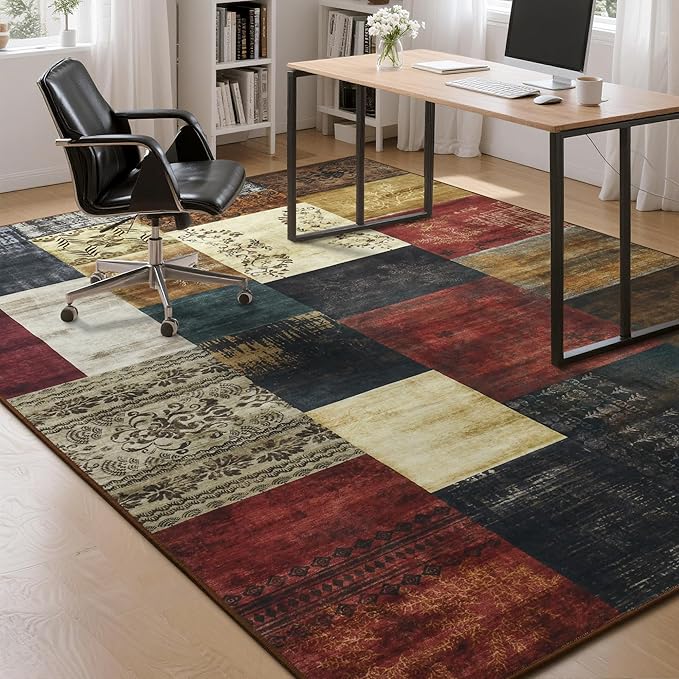 Tepook Modern Area Rug for Living Room, 5x7 Geometric Large Rugs for Bedroom, Washable Patchwork Rug Indoor Non-Slip Throw Carpets for Dining Room Office Farmhouse Home Decor, Multi