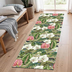 Runner Rug 2x6ft Non-Slip - Tropical Floral Watercolor Boho with Orchids & Leaves - Washable Entryway Carpet for Hallway, Bedroom, Dining Room - Green Pink Design
