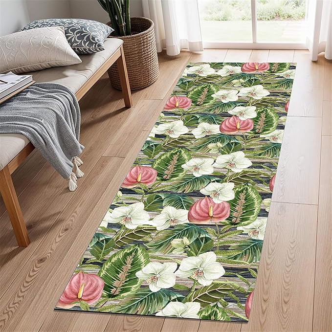 Runner Rug 4x12ft Non-Slip - Tropical Floral Watercolor Boho with Orchids & Leaves - Washable Entryway Carpet for Hallway, Bedroom, Dining Room - Green Pink Design