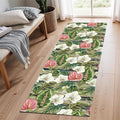 Runner Rug 2x7ft Non-Slip - Tropical Floral Watercolor Boho with Orchids & Leaves - Washable Entryway Carpet for Hallway, Bedroom, Dining Room - Green Pink Design