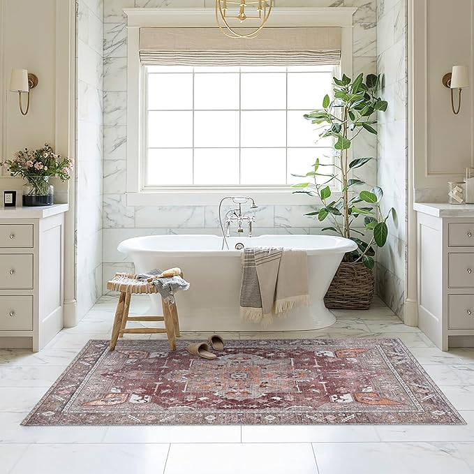 Distressed Modern Rug, Terracotta Vintage Inspired Medallion Geometric Large Area Rugs for Living Room Bedroom Bathroom Kitchen Home (857RB, 2' x 3')
