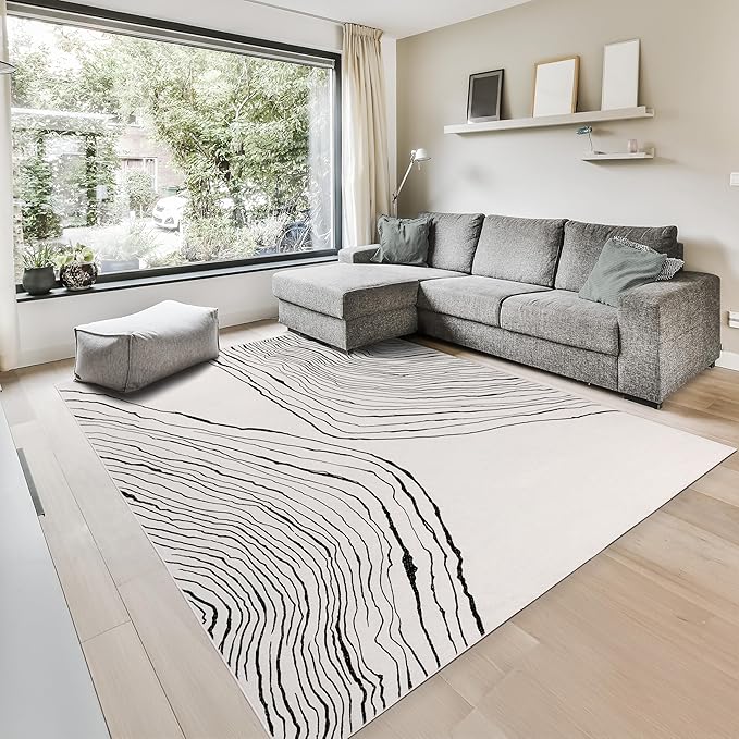 GLN Rugs Contemporary Collection - Machine Washable Area Rug, Contemporary Washable, Non Slip, Low Pile Chenille Rug, Living Room, Bedroom, Kitchen Rug (9' x 12' Beige Black)