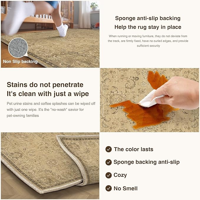 HUGEAR 2x3 Machine Washable Entryway Rugs Vintage Brown - Neutral Non Slip Stain Resistant Low Pile Aesthetic Throw Carpet Kids & Pet Friendly for Hallway Bedroom Kitchen