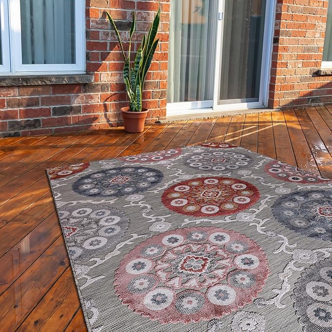CAMILSON Indoor Outdoor Rug 8x10 Bohemian Medallion Floral Area Rugs for Indoor and Outdoor Patios Easy-Cleaning Non-Shedding Living Room Garden and Kitchen Washable Outside Carpet (8 x 10-Multicolor)