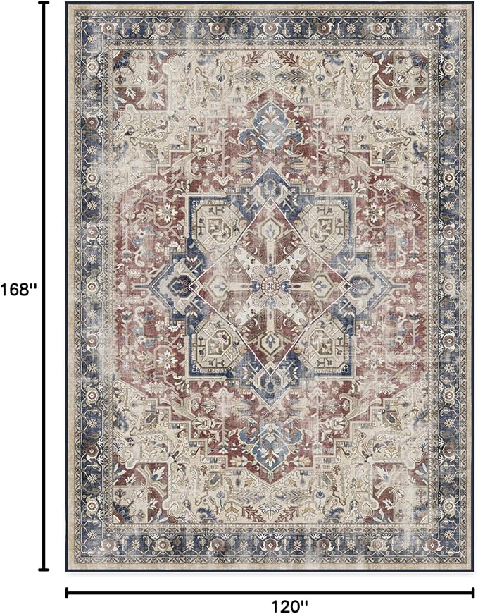 RUGGABLE Washable Area Rug – Kamran Royal Blue 10x14, Stain-Resistant, Non-Slip – Large Machine Washable Rugs for Living Room, Bedroom, Hallway, Entryway & Office–with Cushioned Pad