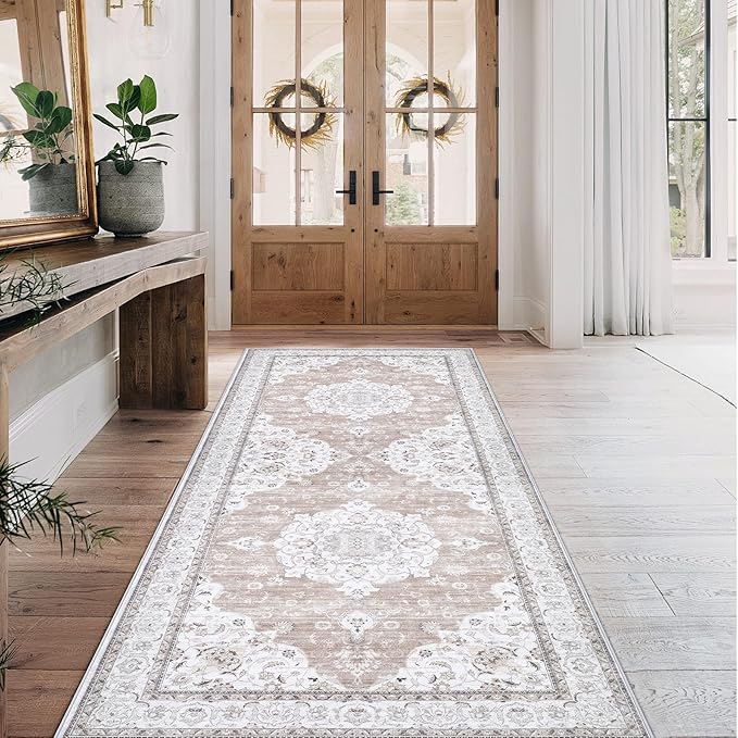 Runner Rug 2x6 Entryway Rug - Machine Washable Vintage Boho Area Rug Non-Slip Kitchen Runner Soft Stain Resistant Runners for Hallways Entryway Laundry Kitchen Bathroom Bedroom(Cream Ivory, 2'x6')