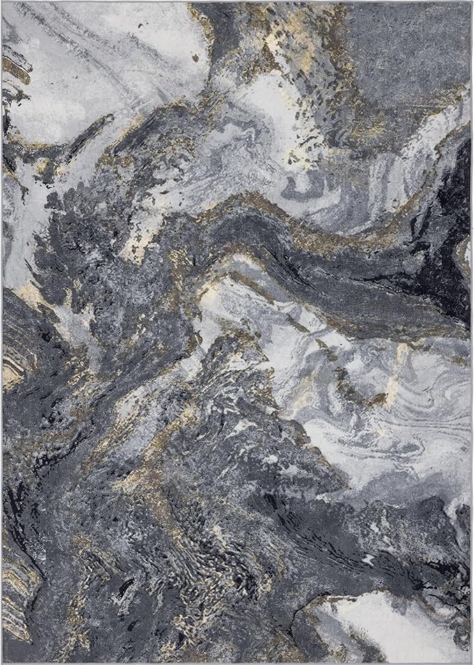 Abstract 2x6 Runner Rug: Modern Washable Rug for Entryway Hallway Bedside Kitchen Indoor - Non Slip Thin Low Pile - Black Gold