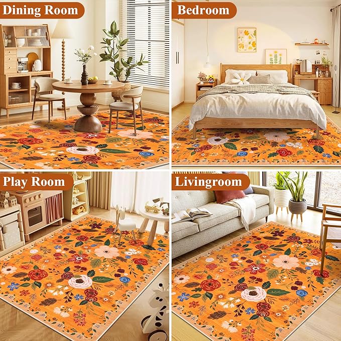 U'Artlines 5x7ft Fall Floral Area Rug, Machine Washable Ultra Soft Low Pile Non Slip Non Shedding Accent Floor Carpet for Living Room, Bedroom, Dining Room, Office (Orange)