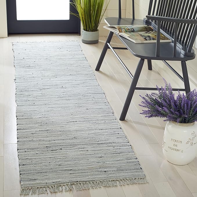 SAFAVIEH Rag Rug Collection Runner Rug - 2'3" x 16', Grey, Handmade Boho Stripe Cotton, Ideal for High Traffic Areas in Living Room, Bedroom (RAR121A)