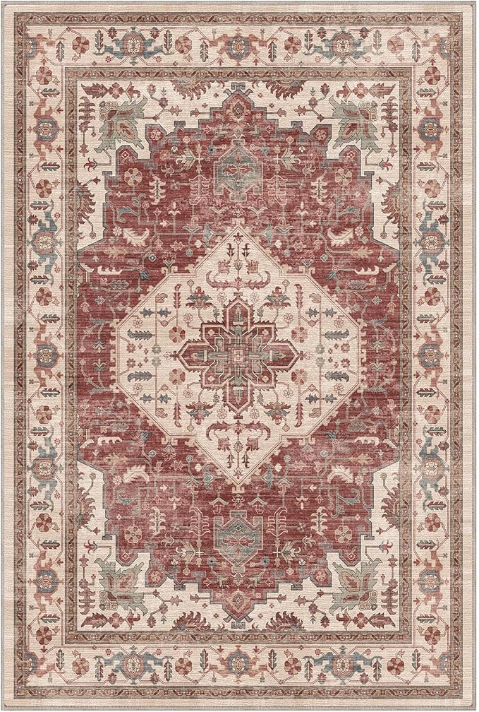 LUMI 4x6 Washable Area Rug for Living Room, Ultra Soft Traditional Vintage Red Rugs Non Slip with Rubber Backing, Low Profile, High Traffic, Stain Resistant Carpets, Ideal for Bedroom, Dining Room