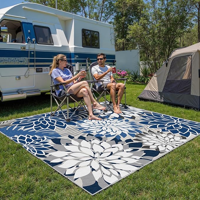 Colorful 6x9 Outdoor Area Rug Washable Multicolored Patio Rug Tropical Botanical Floral Chenille Waterproof Outdoor Carpet Non-Slip for Patio, Deck, Backyard, Porch, Blue
