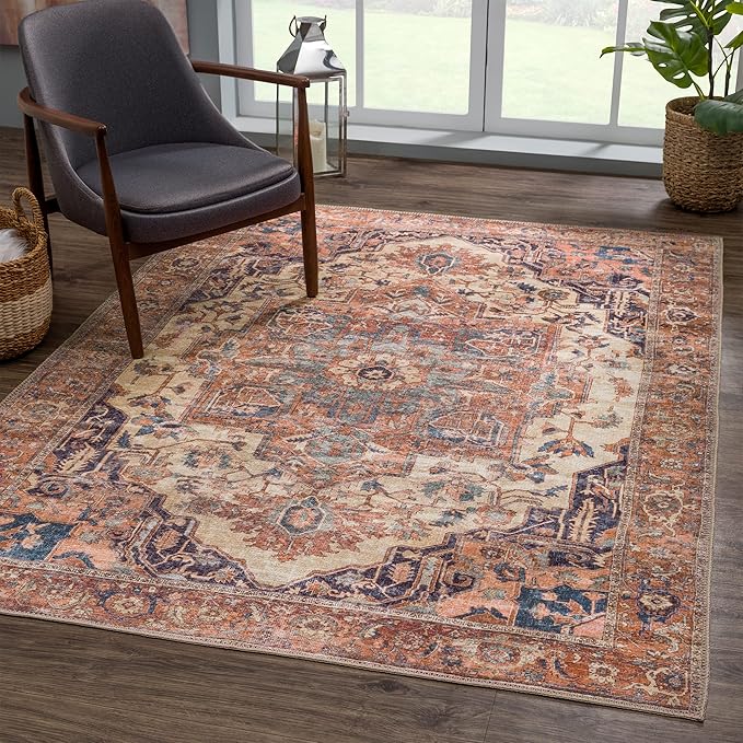 Bloom Rugs Washable 9' x 12' Rug - Beige/Terracotta Traditional Area Rug for Living Room, Bedroom, Dining Room, and Kitchen - Exact Size: 9' x 12'
