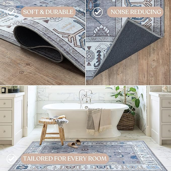 Fame Living Grey Oushak Rug, Modern, Vintage, Turkish, Eclectic, Floral, Pastel, Washable, Area Rugs for Living Room, Dining, Bedroom, Office, Entryway, Foyer, Playroom, Nursery, 5'x6'9"