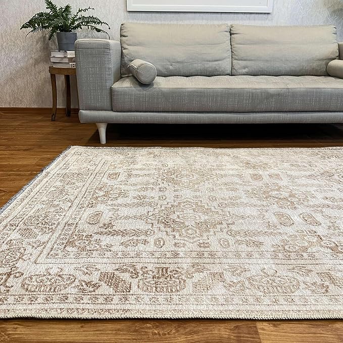 Alfa Rich 5x8 Beige Off White Washable Area Rugs for Living Room Bedroom Kitchen Dining Cotton Rug