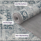 DEXI 10x14 Area Rug for Living Room, Washable Vintage Farmhouse Thin Rug Indoor Floor, Non Slip Stain Resistant Low Pile Carpet for Dining Room Bedroom Office, Blue Grey