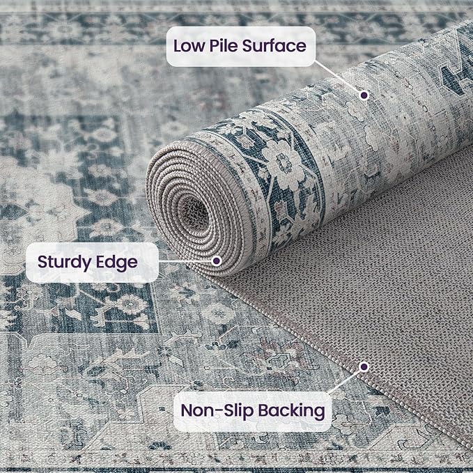 DEXI 8x10 Area Rug for Living Room, Washable Vintage Farmhouse Thin Rug Indoor Floor, Non Slip Stain Resistant Low Pile Carpet for Dining Room Bedroom Office, Blue Grey