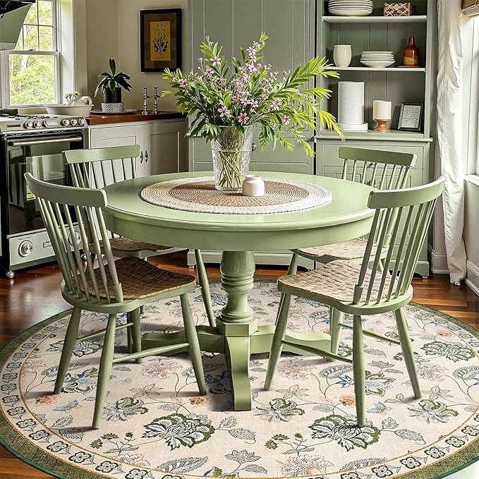 jinchan Elora 8ft Floral Round Rug for Dining Room Washable Living Room Rug Vintage Romance Design Non Slip Indoor Floor Cover Lightweight Low-Profile Throw Carpet for Bedroom Porch Patio, Green/Beige