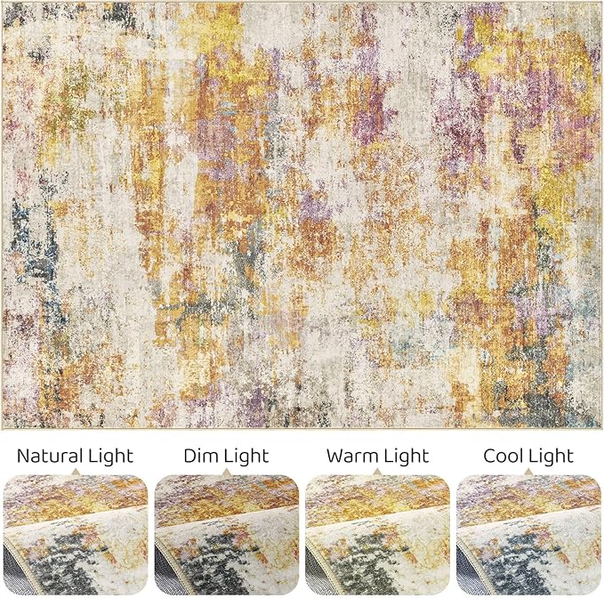 7x9 Area Rugs Living Room: Washable Large Abstract Modern Soft Stain Resistant Indoor Floor Rugs Non-Slip Accent Carpet for Bedroom Nursery Playroom Office Dining Room Dorm Home House- Gold Colorful