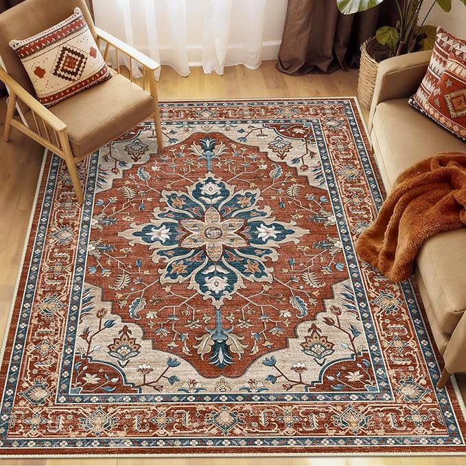 Area Rugs 8'x10' Washable Non-Slip, Floral Vintage Distress Print Pattern Medallion Carpet for Living Room Bedroom Dining Room, Red Orange Blue Brown