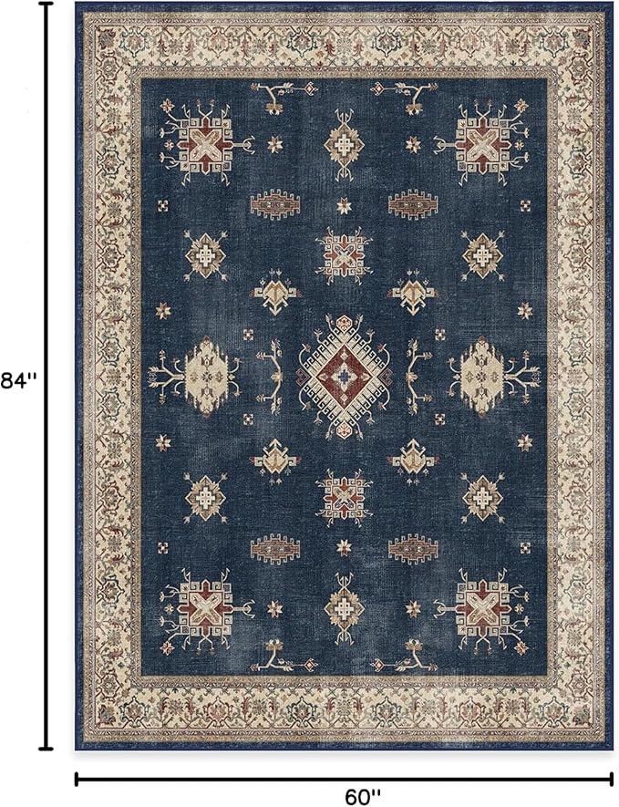 RUGGABLE Washable Vintage Area Rug – Verena Sapphire 5x7, Stain-Resistant, Non-Slip – Medium Machine Washable Rugs for Living Room, Bedroom, Hallway, Entryway & Office–with Standard Pad