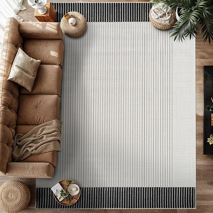 Modern Micro Loop Indoor Area Rugs for Living Room Bedroom Kitchen Geometric Striped Black-White 9x12 Luxury Durable Low and High Pile Non-Shedding Stain Resistant Soft Area Carpet 9 x 12