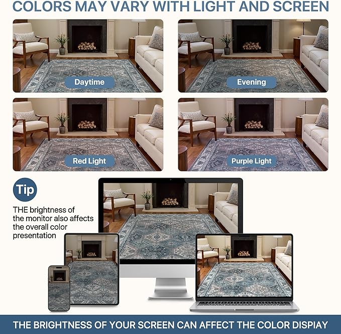Bavni 6x9 Area Rugs for Living Room, Machine Washable Rug Non Slip, Vintage Chenille Distressed Print Carpet, Large Low Pile Ultra-Thin Lightweight Rugs for Bedroom, Dining Room, Home, Office, Blue