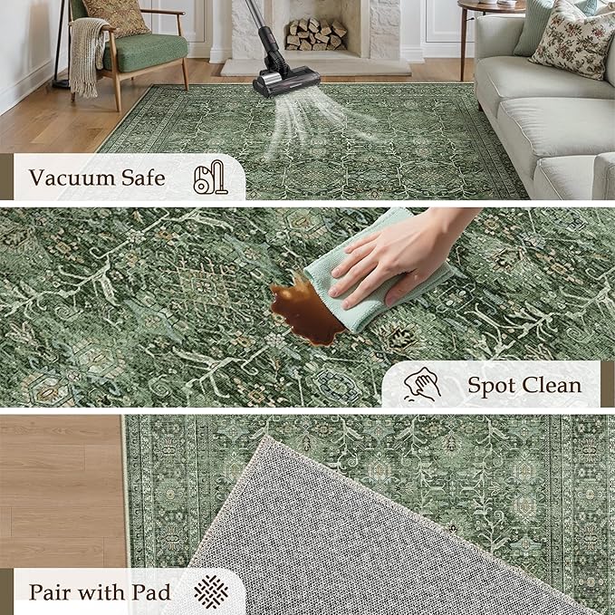 Green Area Rug 4x6 Washable Office Entryway Carpet Soft Vintage Indoor Kitchen Living Room Door Mat Traditional Retro Distressed Thicker Throw Small Rug Bedroom Dining Room Bathroom