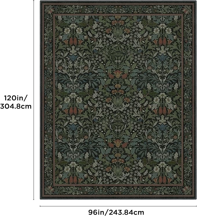 Bavni Floral Dark Green Area Rugs 8x10, Vintage Boho Carpet Machine Washable, Non Slip Soft Low Pile Thin Rug for Bedroom, Living Room, Dining Room, Nursery