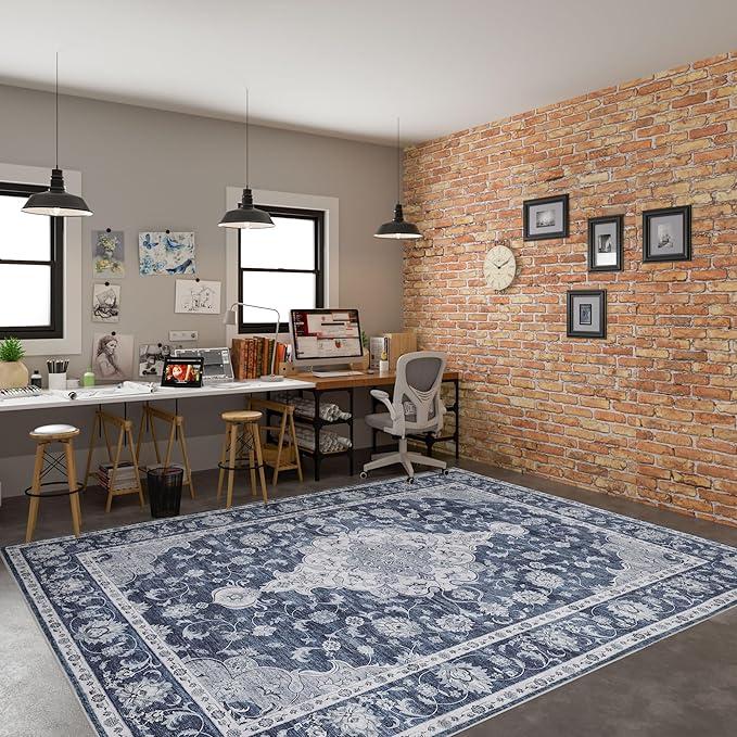 DUKINO 9x12 Area Rugs, Non Slip Distressed Living Room Rugs, Soft Large Washable Area Rugs with Low Pile & No Shedding, Faux Wool Rugs for Bedroom Aesthetic, Dining Room, Blue