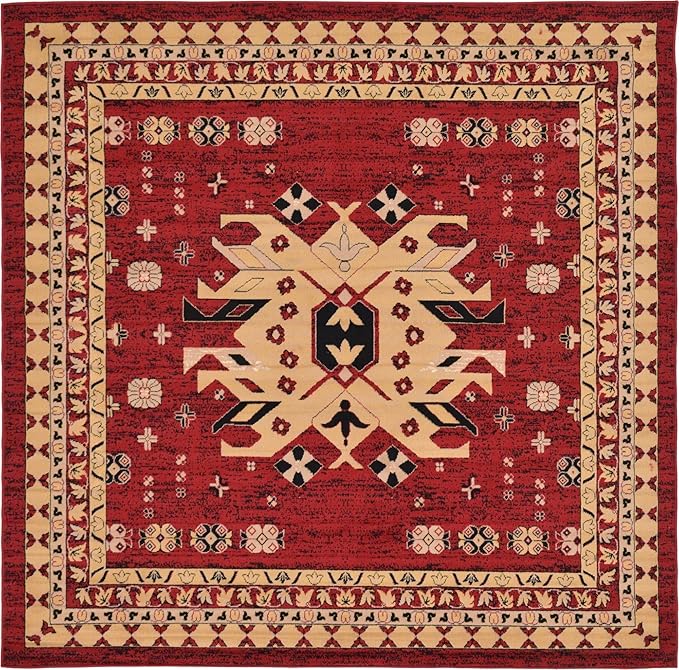 Unique Loom Taftan Collection Border Geometric Tribal Inspired Design Area Rug (8' 0 x 8' 0 Square, Red/ Gold)