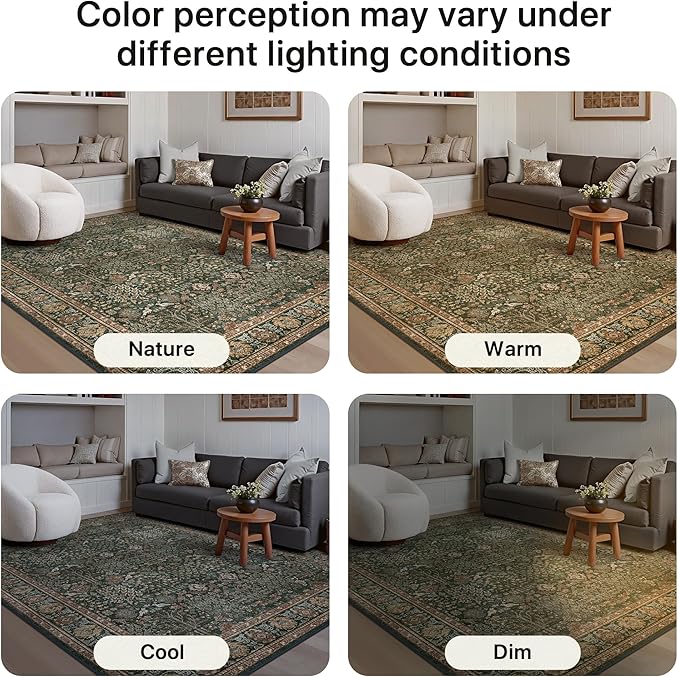 Bavni Round Rug 8ft-Machine Washable Area Rugs Non-Slip for Bedroom, 8x8 Vintage Floral Rug Distressed Throw Carpet for Living Room Nursery Kitchen Bathroom, Dark Green/Multi