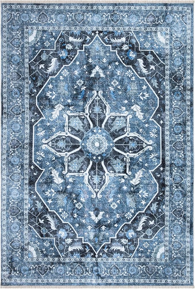 Bloom Rugs Caria Washable Non-Slip 6x9 Rug - Blue/Charcoal Traditional Area Rug for Living Room, Bedroom, Dining Room, and Kitchen - Exact Size: 6' x 9'