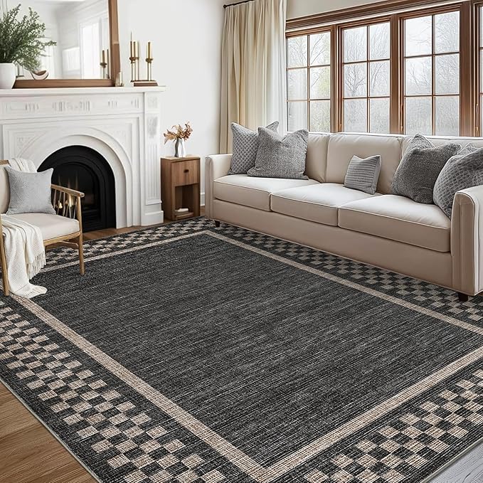 GarveeHome Machine Washable 5x7 Area Rugs Modern Bordered Living Room Rug Non Slip Checkered Geometric Bedroom Throw Carpet Soft Boho Rugs for Dining Room Nursery Home Office, Black