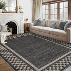GarveeHome Area Rug 10x13 Living Room Rug Modern Bordered Soft Large Area Rugs for Bedroom Washable Checkered Dining Room Throw Carpet Non Slip Stain Resistant Geometric Rugs for Home Office, Black