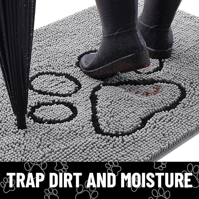 Smiry Dog Door Mat for Muddy Paws, Absorbent Dirt Trapper Non Slip Quick Dry Washable Chenille Mat for Mud Dogs, Entry Rug for Indoor and Outdoor (34x21 Inches, Grey and Black)