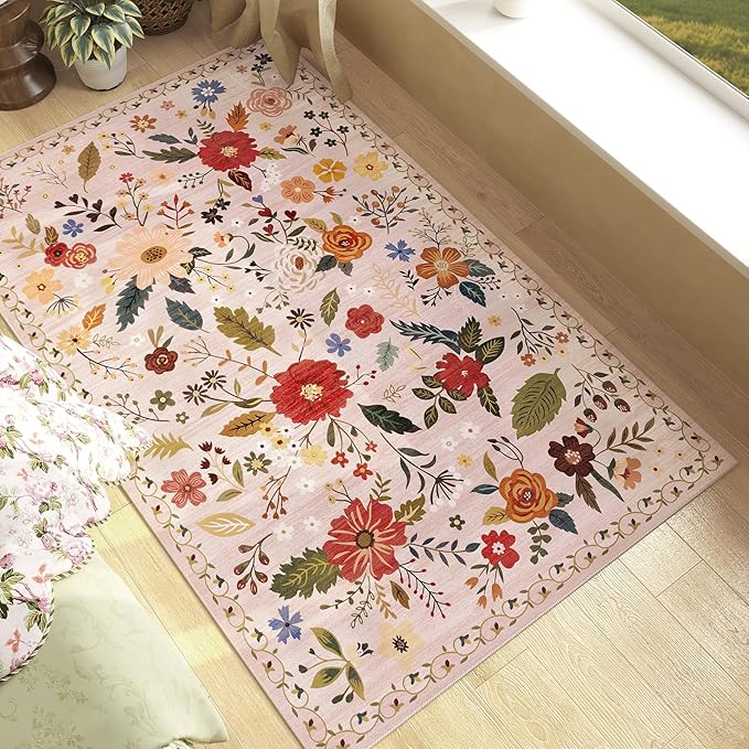 3x5 Area Rug, Floral Pink Washable Rug for Entryway, Non Slip Flower Area Rugs, Soft Low Pile Indoor Doormat Small Carpet, Rugs for Living Room Bedroom Nursery Kitchen Dining Room, Pink/Beige