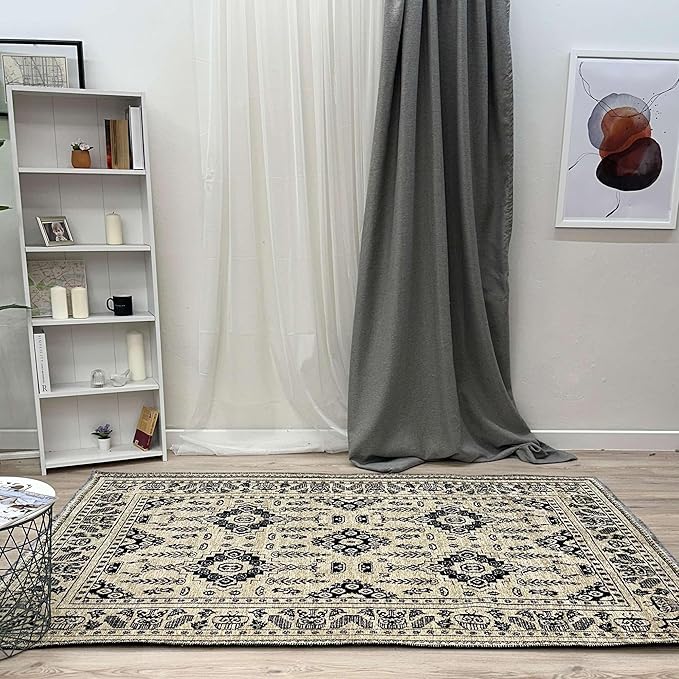 Alfa Rich 5x8 Beige Black Washable Area Rugs for Living Room Bedroom Kitchen Dining Cotton Rug