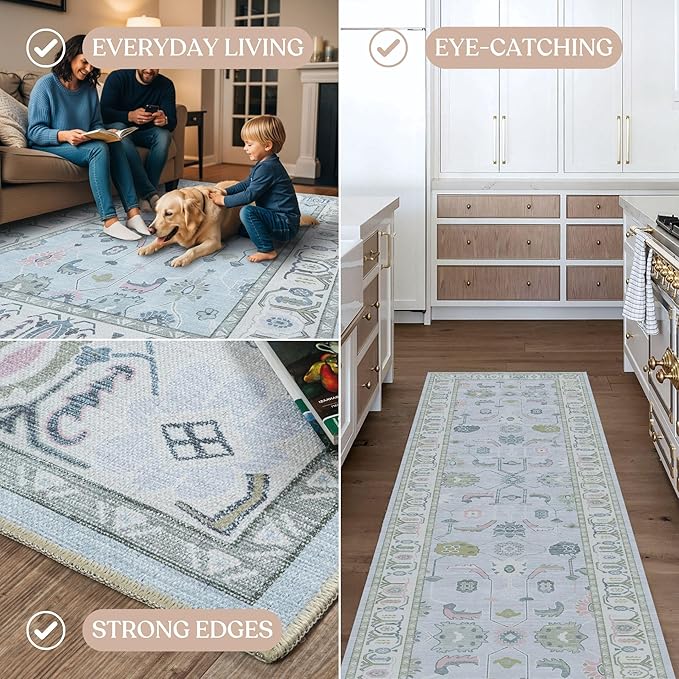 Fame Living Cream Blue Oushak Rug, Modern, Vintage, Turkish, Eclectic, Floral, Pastel, Washable, Area Rugs for Living Room, Dining, Bedroom, Nursery, Girls, Boys, 5'9"x8'9"
