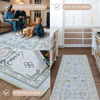 Fame Living Cream Blue Oushak Rug, Modern Small Rugs, Vintage, Turkish, Eclectic, Floral, Pastel, Washable, Door Mat, Doormat for Indoor Entrance, Entryway, Kitchen, Bathroom, Bedroom, Laundry, 2'x3'