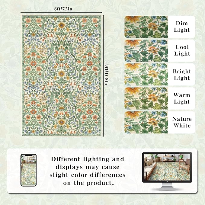 Floral Washable 6x9 Area Rug，Grass Green Boho Rugs for Living Room, Soft Low-Pile Non-Slip Stain Resistant & Non-Shedding Carpet for Bedroom, Dining Room, Office, Entryway, Nursery